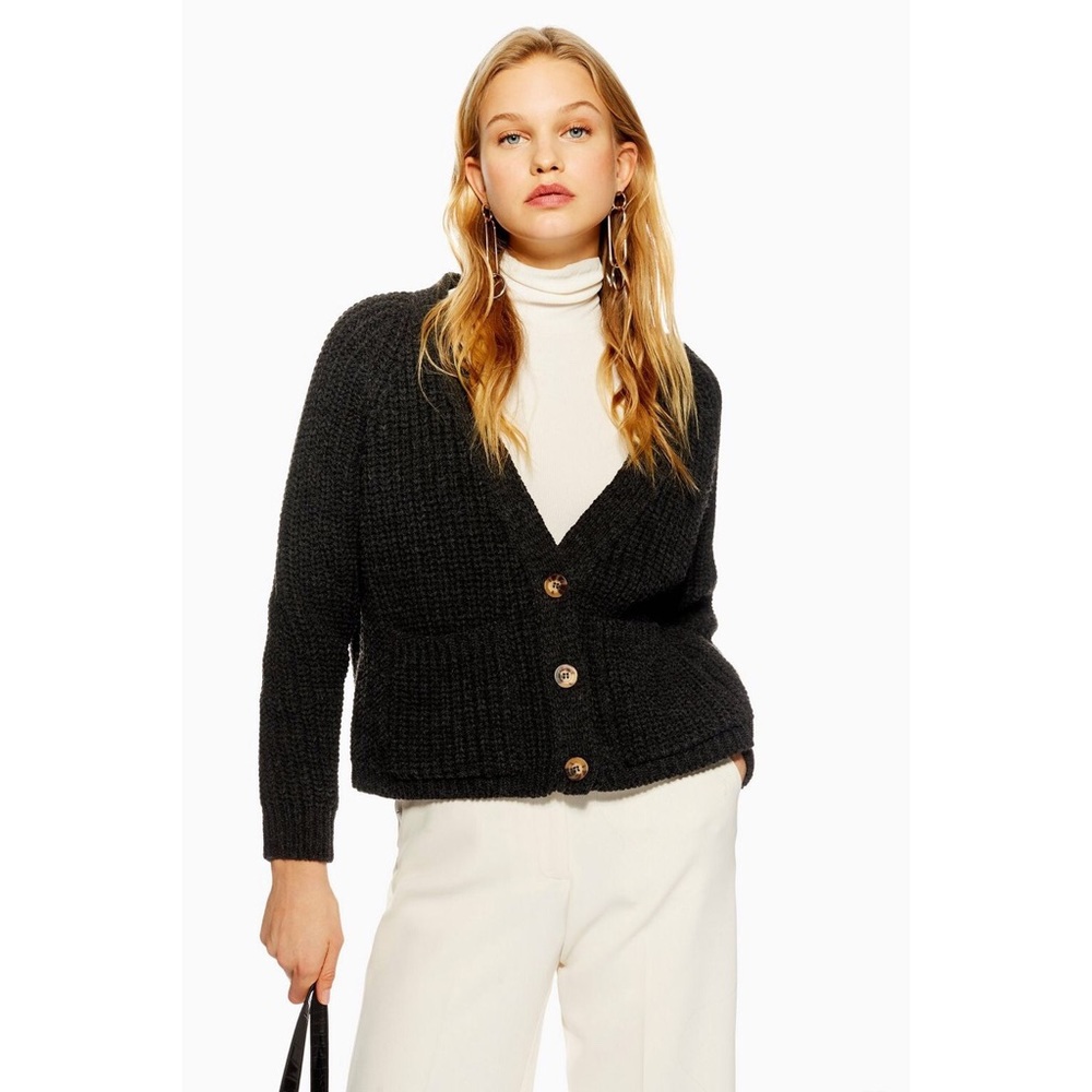 Topshop Button Cropped Black Cardigan